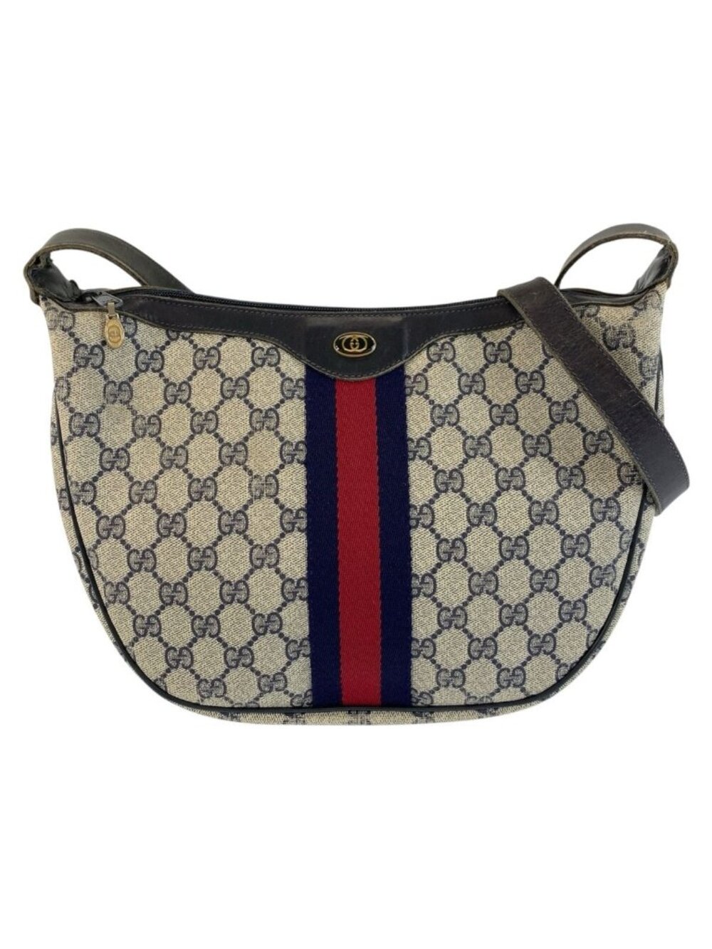 Gucci Vintage Sherry Line Gray Navy GG Supreme Canvas 41 Shoulder Bag